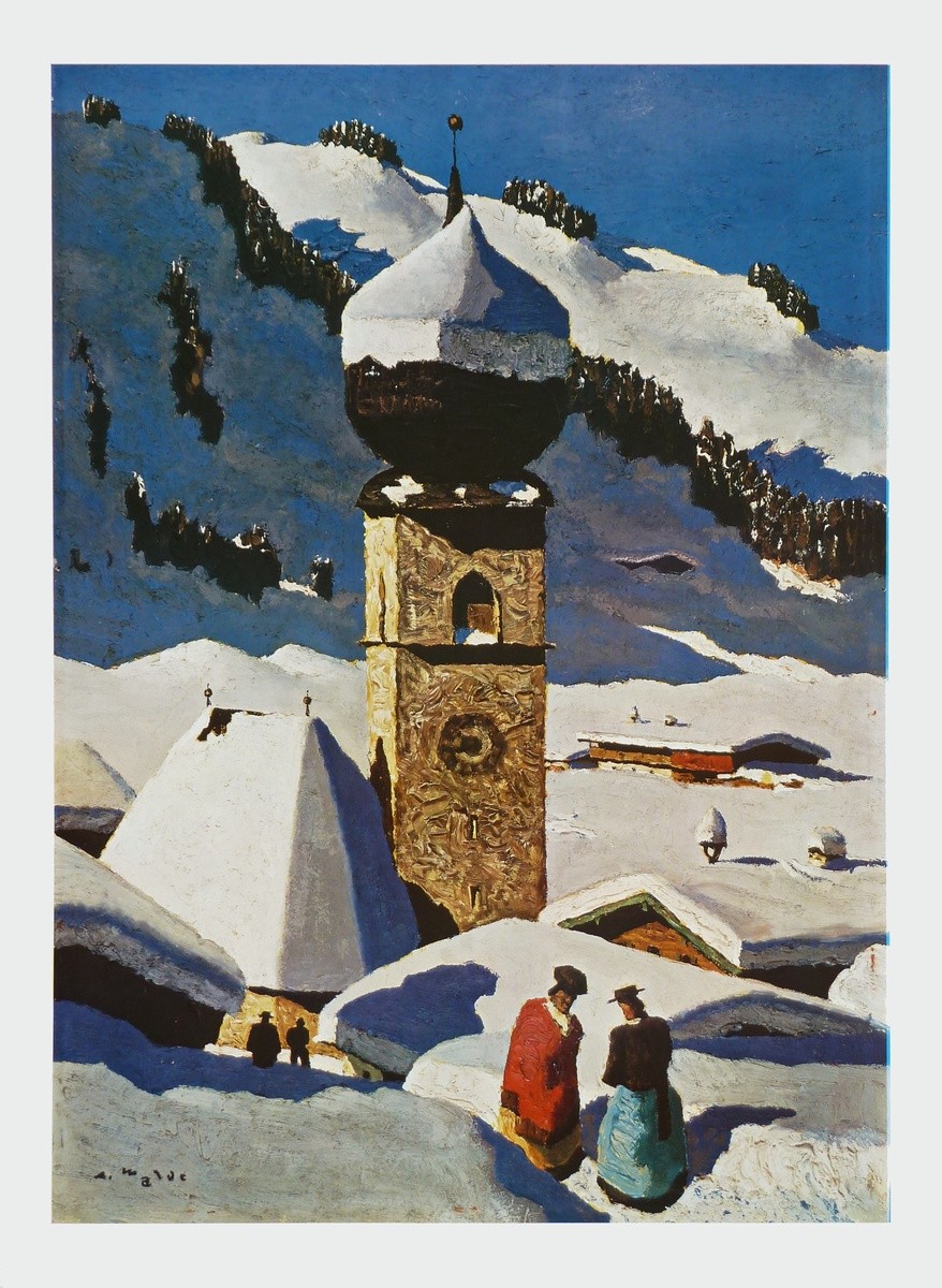 Alfons Walde, Auracher Kirche - Tiroler Bergdorf (Bergdorf, Gebirge, Architektur, Kirche, Winter, Winterlandschaft, Leuchtkraft, Schnee, Tirol, Österreich, Secessionismus, klassische Moderne, Wohnzimmer, Treppenhaus, bunt, Malerei)