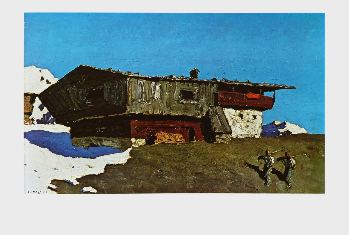 Alfons Walde, Bergfrühling (Bergdorf, Gebirge, Architektur, Berghütte, Winterende, Frühling, Schnee, Wanderer, Schmelze, Secessionismus, klassische Moderne, Wohnzimmer, Treppenhaus, bunt)