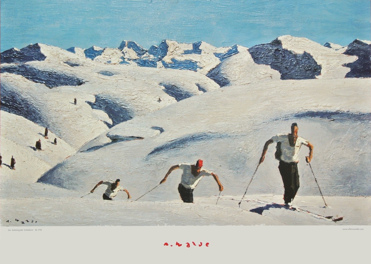 Alfons Walde, Der Aufstieg der Schifahrer (quer) (Skifahrer, Wintersport, historisch, Schnee, Winterlandschaft, Gebirge, Sonnenlicht,  Wohnzimmer, Treppenhaus, Malerei, Secessionismus, klassische Moderne, bunt)