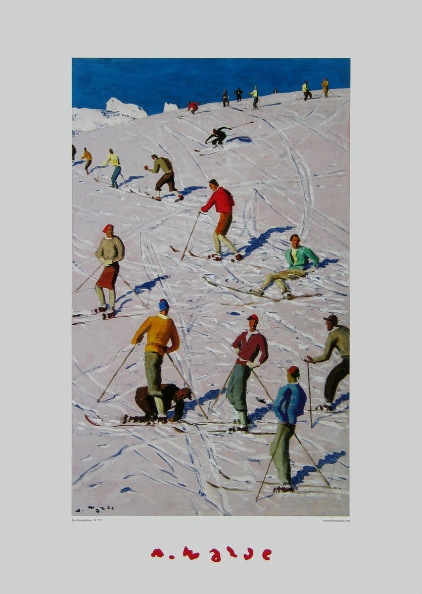 Alfons Walde, Der Übungshang (Wintersport, Skifahrer, Skipiste, Übungshügel, Anfänger, Schnee, Winterlandschaft, historisch, Secessionismus, klassische Moderne, Wohnzimmer, Treppenhaus, bunt, Malerei, Natur,)