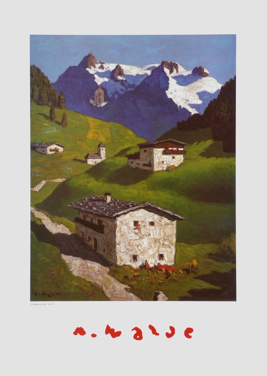 Alfons Walde, Frühling in Tirol (Bergbauernhof, Bauernhof, Gebirge, Schneeberge, Leuchtkraft, Frühling, Wiesen, Alm, Östereich, Secessionismus, klassische Moderne, Wohnzimmer, Treppenhaus, bunt, Malerei)