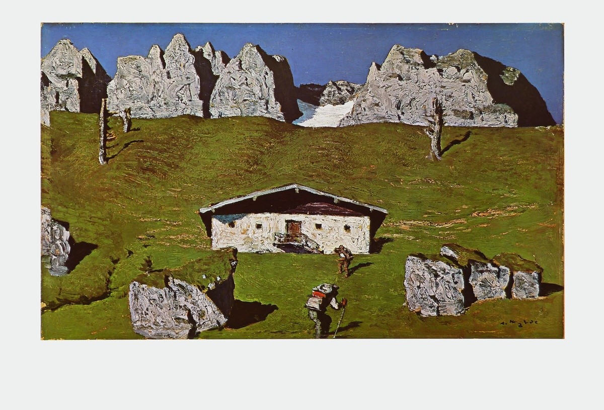 Alfons Walde, Kaiser Hochalm (Berghütte, Alm, Felsen, Berge, Schroff, Einsamkeit, Bäuerlich, Wanderer, Österreich, Secessionismus, klassische Moderne, Wohnzimmer, Treppenhaus, bunt, Malerei)
