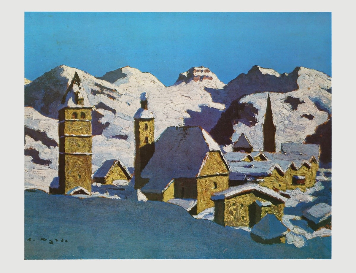 Alfons Walde, Kitzbühel im Winter (Bergdorf, Gebirge, Architektur, Kirche, Kirchtürme, Winter, Winterlandschaft, Leuchtkraft, Schnee, Österreich, Secessionismus, klassische Moderne, Wohnzimmer, Treppenhaus, bunt, Malerei)