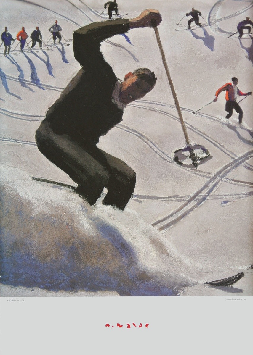 Alfons Walde, Kristiania - Der Schwung (groß) (Skifahrer, Wintersport, Schnee, historisch, Winterlandschaft, Sonnenlicht, Secessionismus, klassische Moderne, Wohnzimmer, Treppenhaus, Malerei, bunt)