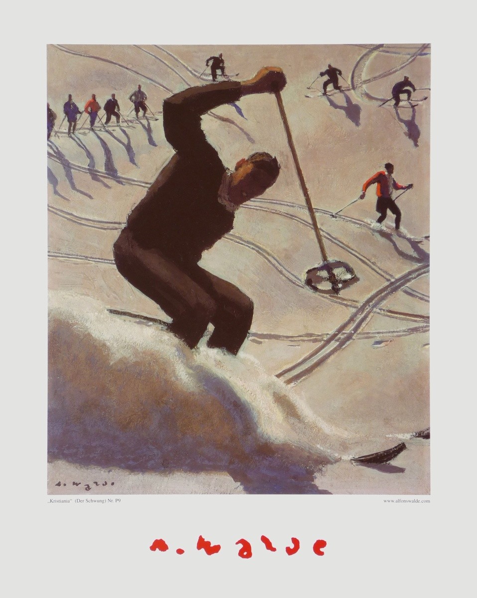 Alfons Walde, Kristiania - Der Schwung (Malerei, Natur, Winterlandschaft, Wintersport, Skifahrer, Schnee, Sonnenlicht, Secessionismus, klassische Moderne, Wohnzimmer, Treppenhaus, bunt)