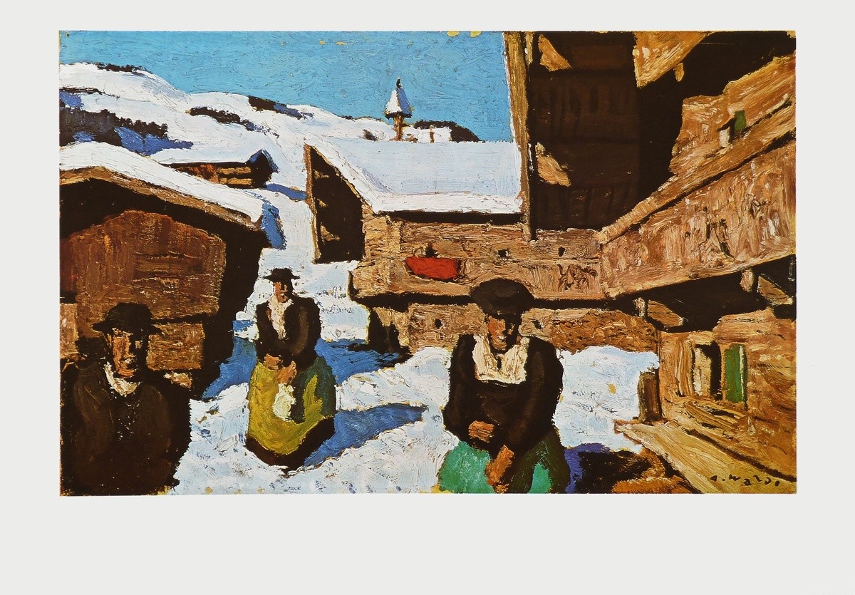 Alfons Walde, Weiler in Tirol (Tiroler Dorf, Gebirgsdorf, Menschen, Österreich, Trachten, Winter, Leuchtkraft, Schnee, Sonnenlicht, Österreich, Secessionismus, klassische Moderne, Wohnzimmer, Treppenhaus, bunt, Malerei)