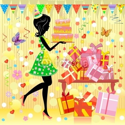 Aloksa, Birthday party (kÃ¼chen, geburtstag, party, mÃ¤dchen, feier, freudig, vektor, abbildung, essen, urlaub, sÃ¼ss, cartoons, kunst, spaÃŸ, weiblich, dekoration, leute, karte, entwerfen, hintergrund, geschenk, nachspeise, feiern, hut, frÃ¶hlichkeit, frÃ¶hlich, lÃ¤chel)