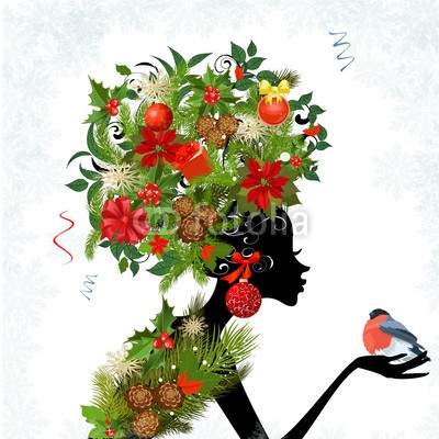 Aloksa, Fashionable girl with Christmas hairstyle for your design (haare, gestalten, vektor, abbildung, stil, mÃ¤dchen, frau, entwerfen, floral, blume, weiblich, kunst, weihnachten, urlaub, vermissen, verzweigt, neu, jahre, gimpel, vÃ¶gel, geschenk, box, ball, kegel, schneeflocke, bogen, poinsettia, stechpalme, beer)