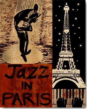Global Art Studios, Jazz After Nightfall (Jazz, Musik, Musiker, Saxophonist, Piano,  Eiffelturm, Plakatkunst, Paris, Nacht, Grafik, Musikzimmer, Treppenhaus, Jugendzimmer, Wunschgröße, bunt)