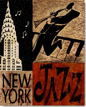 Global Art Studios, Twilight Jazz (Jazz, Musik, Musiker, Klarinette, Piano, Chrysler Building, New York, Nacht, Grafik, Musikzimmer, Treppenhaus, Jugendzimmer, Wunschgröße, bunt)