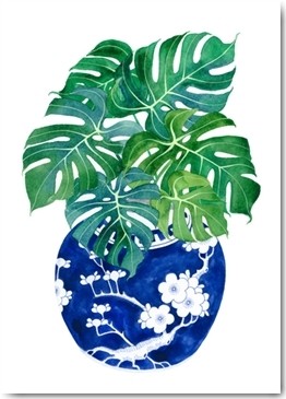 Gabby Malpas, Blue Porcelain Tropical 1 (Blumentopf, Topfblume, japanische Ornamente, Kirschblütenmuster, Porzellan, Wunschgröße, Malerei, Esszimmer, Treppenhaus,  grün, blau/weiß)