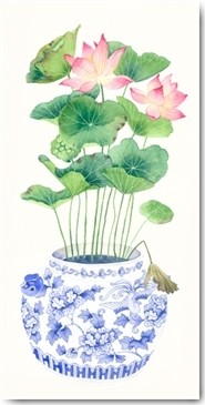 Gabby Malpas, Blue Porcelain Lotus (Blumentopf, Topfblume, japanische Ornamente, Pflanze, Lotusblume, Porzellan, Wunschgröße, Malerei, Esszimmer, Treppenhaus, bunt)