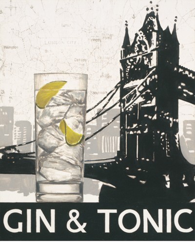 Marco Fabiano, Gin & Tonic (Cocktail, Drink, Großbritannien, Architektur, London, Tower Bridge, Silhouette, Grafik, Wunschgröße, Bar, Gastronomie, Bistro, Esszimmer, Küche, Colourspot, grau/gelb)