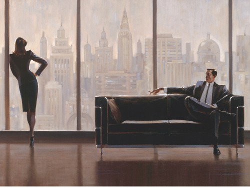 Brent Lynch, Pensive New York (Wunschgröße, Interieur, moderne Einrichtung, Zimmer, Mann, Frau, Sofa, Glasfassade, Fensterwand, Aussicht, Metropole, New York, Wohnzimmer, bunt)