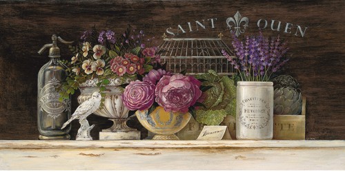 Angela Staehling, Saint Quen Vignette (Nostalgie, Retro, Pflanzen, Blumenschale, Antiquität, Treppenhaus, Wohnzimmer, Küche, Esszimmer, Wintergarten, Wunschgröße, Malerei, bunt)