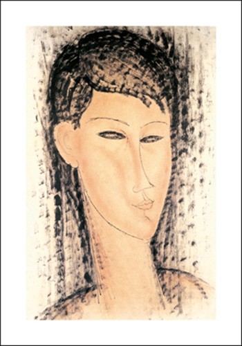 Amedeo Modigliani, Portrait (Büttenpapier) (Portrait, Gesicht, Frau,  Expressionismus, klassische Moderne, Malerei, Wohnzimmer, Treppenhaus, bunt)
