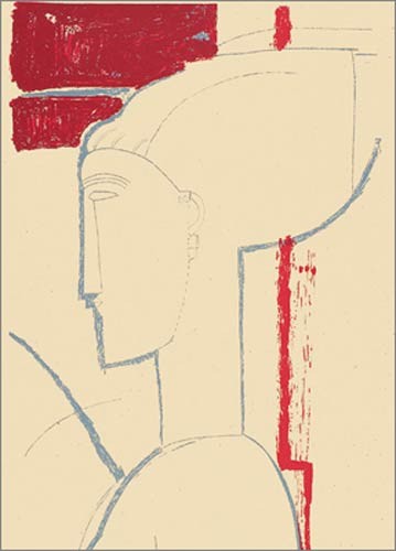 Amedeo Modigliani, Testa scultorea (Büttenpapier) (Portrait, Profil, Frau, Studie, Expressionismus, klassische Moderne, Zeichnung, Schlafzimmer, Wohnzimmer, bunt)