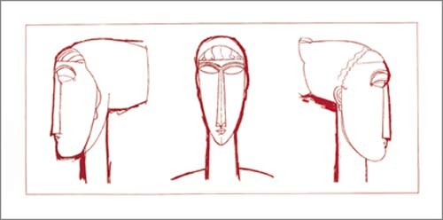 Amedeo Modigliani, Têtes (red) (Büttenpapier) (Portrait, Profil,frontal, Frau, Studie, Expressionismus, klassische Moderne, Zeichnung, Wohnzimmer, rot/weiß)