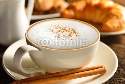amenic181, A cup of cappuccino and croissant (kaffee, kaffee, cappuccino, cappuccino, latte, macchiato, koffein, tassen, schokolade, expressotasse, aroma, braun, trinken, wachsend, frÃ¼hstÃ¼cken, zimt, getrÃ¤nke, schaum, mug, holz, auf, morgens, brot, close-up, sahne, jahrgang, hintergrund, esse)