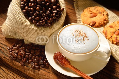 amenic181, A cup of cappuccino with coffee beans and cookies (kaffee, kaffee, cappuccino, cappuccino, latte, macchiato, koffein, tassen, schokolade, expressotasse, bohne, aroma, bohne, braun, trinken, sackleinen, frÃ¼hstÃ¼cken, zimt, getrÃ¤nke, schaum, auf, brot, sahne, schwarz, cookies, stecken, sugar, obertei)