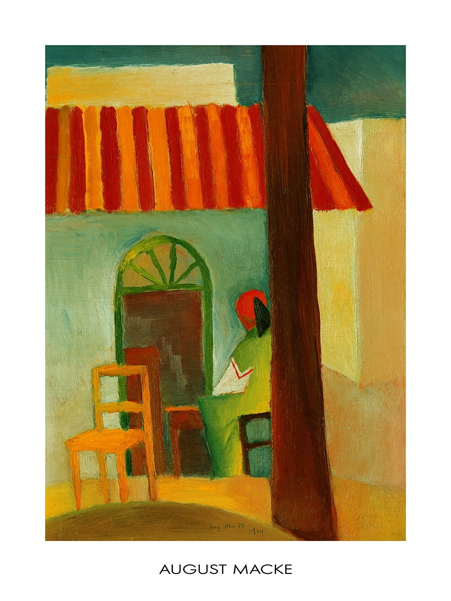 August Macke, Türkisches Cafe I (Malerei, Expressionismus, Orient, Türkei, Cafe, Stühle, Wohnzimmer, Treppenhaus, Arztpraxis, Klassische Moderne, bunt)