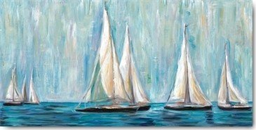 James Zheng, Sunday Regatta (Meer, Segelboote, Regatta, Sommer, Meeresbrise, zeitgenössisch, Treppenhaus, Wohnzimmer, Badezimmer, Wunschgröße, Malerei, blau/weiß)