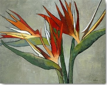 Wendy Kroeker, Bird of Paradise (Blume, Blüte, Papageienblume, exotisch, Pflanze, Botanik, Malerei, Treppenhaus, Wohnzimmer, Wünschgröße, bunt)