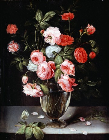 Ambrosius Brueghel, Rosen und Nelken in einer Glasvase auf einem Sims (Renaissance,Flur,Treppenhaus,Barock,Landschaften,)