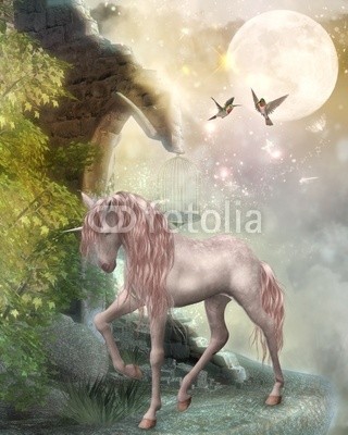 Ancello, einhorn im mondenschein (einhorn, grau, pferd, weiß, vögel, vögel, kolibri, rose, rose, romantisch, romantisch, idylle, ruhe, wald, entspannung, baum, baum, magie, magie, frieden, schmetterling, schmetterling, traum, märchen, fliegenpilz, phantasie, fantasy, märchenland, fair)