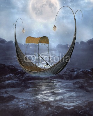 Ancello, elven gondola (gondel, boot, schiff, meer, ozean, wasser, mond, mondschein, abstrakt, kunst, kunstvoll, hintergrund, wolken, wolken, dunkel, dunkelheit, digitales, traum, traum, verträumt, effekt, fairy, märchen, phantastisch, fantasy, nebel, glühen, beleuchtun)