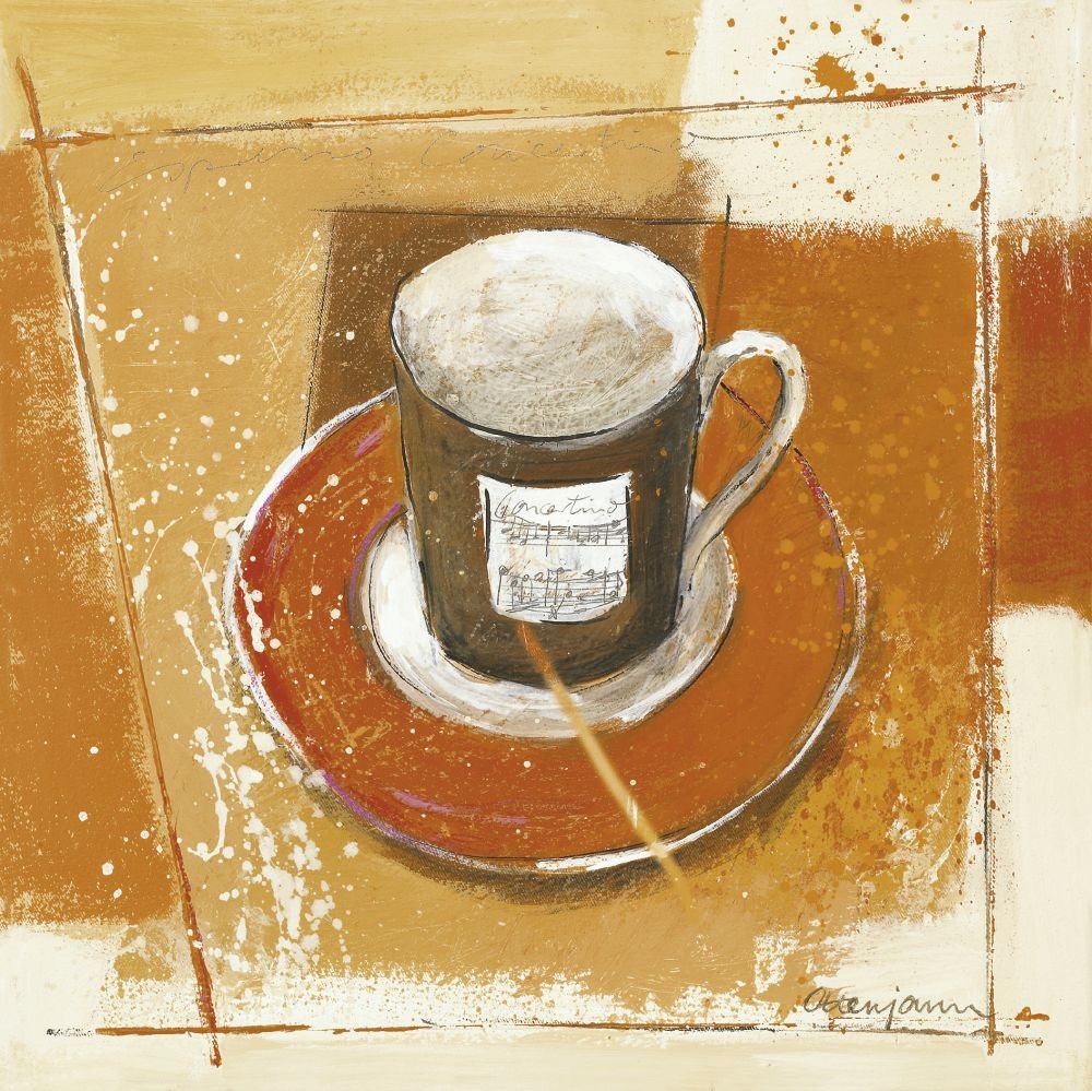 Andrea Ottenjann, Espresso I (Kaffee, Kaffeetasse, Tasse, modern, Malerei, Küche, Gastronomie, Bistro, orange/beige)