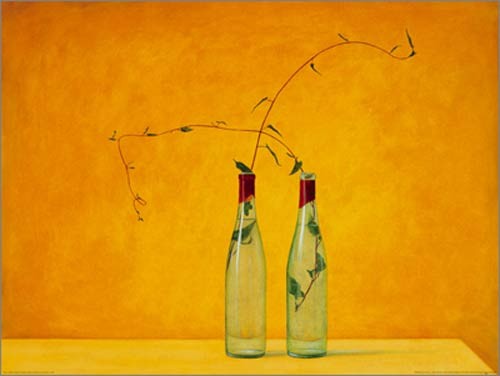 Andreas SCHOLZ, Untitled (Stillleben, Flaschen, Zweige, Farbfelder, modern, Malerei, zeitgenössisch, Esszimmer, Küche, warm, leuchtend, orange, gelb)