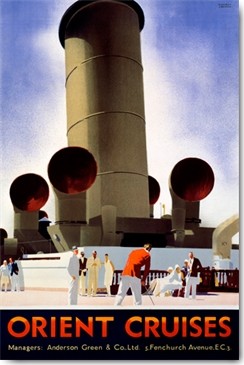 Andrew Johnson, Orient Cruises (Wunschgröße, Plakatkunst, Grafik, Boot, Schiff, Dampfer, Kreuzfahrt, Reise, Tourismus, Schiffsreise, High Society, Treppenhaus, bunt)