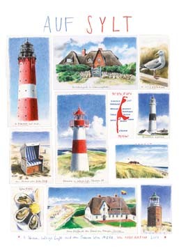 Andy Airfix, Auf Sylt (Modern, Plakatkunst, Deutschland, Insel, Nordsee, Meeresbrise, Collage, Leuchtturm  Strandkorb, Wohnzimmer, Büro, Arztpraxis, bunt)