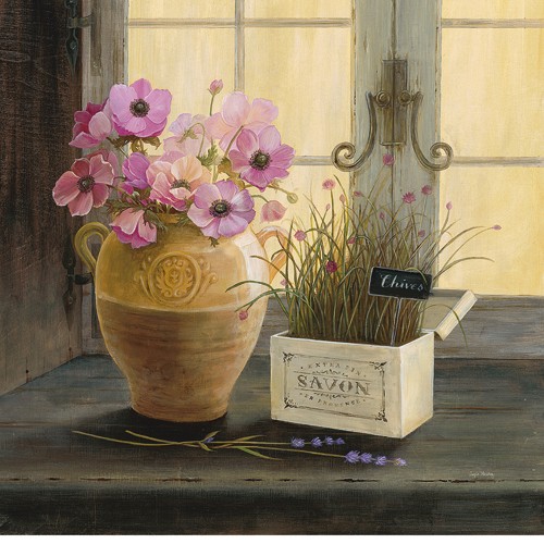 Angela Staehling, Herb Window Garden (Wunschgröße, Malerei, Nostalgie, Retro,Fensterbank, Pflanze, Blumenvase, Kräuter, Treppenhaus, Wohnzimmer, Küche, Wintergarten, bunt)
