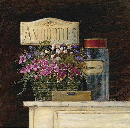 Angela Staehling, Jarden de Antiquites (Wunschgröße, Malerei, Nostalgie, Retro, Pflanze, Blumenkorb, Antiquität, Treppenhaus, Wohnzimmer, Küche, Esszimmer, Wintergarten, bunt)