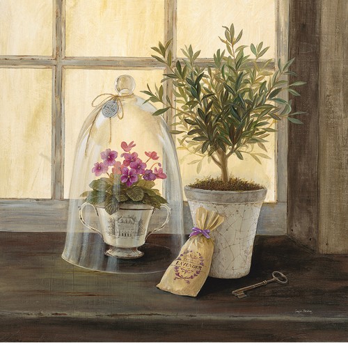 Angela Staehling, Lavender Window Garden (Wunschgröße, Malerei, Nostalgie, Retro, Fensterbank, Pflanze, Blumenvase, Lavendel,  Kräuter, Treppenhaus, Wohnzimmer, Küche, Esszimmer, Wintergarten, bunt)