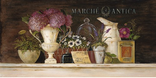 Angela Staehling, Marche Antica Vignette (Wunschgröße, Malerei, Nostalgie, Retro, Pflanzen, Blumenschale, Antiquität, Treppenhaus, Wohnzimmer, Küche, Esszimmer, Wintergarten, bunt)