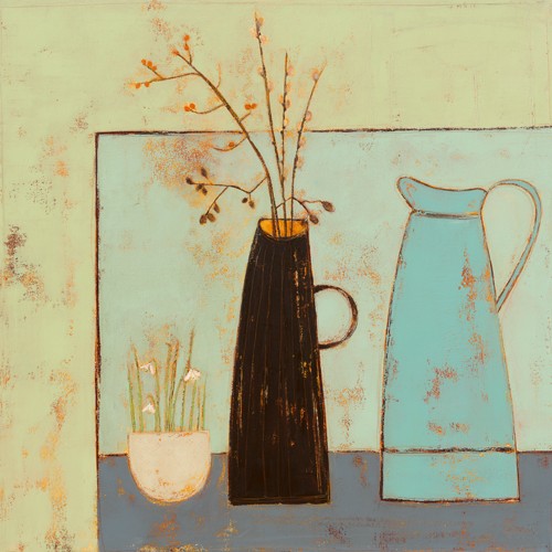 Anji Allen, February Story (Grafik, Stillleben, Vase, Zweige, Kanne, Blumentopf, zeitgenössisch, Gastronomie, Küche, Esszimmer, Wunschgröße, bunt)