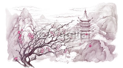 ankdesign, Japanese mountains (berg, japanisch, natur, baum, kultur, schönheit, landschaft, ost, malerei, beruhigt, frühling, szene, kirsche, verzweigt, blühen, abbildung, blume, verfärbt, japan, asiatisch, abbild, vale, gebäude, draußen, pflanze, blau, chinese, hintergrund, tur)