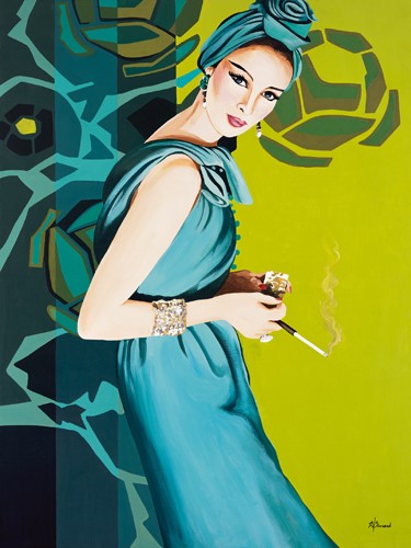 Anne Bernard, Femme Cigarette (People & Eros, Frau, modisch, Retro, Vintage, Eleganz, Zigarettenspitze, Grafik,  Treppenhaus, Jugendzimmer, Wohnzimmer, Wunschgröße, bunt)