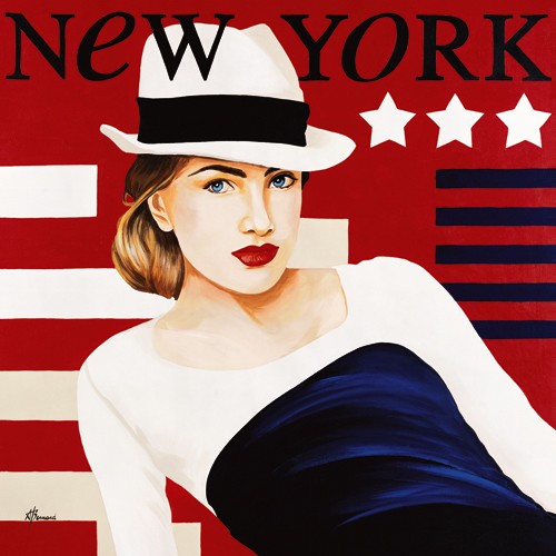 Anne Bernard, Femme New York (People & Eros, Blondine, modern,  Hut, Frau, Grafik, New York,  Treppenhaus, Jugendzimmer, Wohnzimmer, Wunschgröße, bunt)
