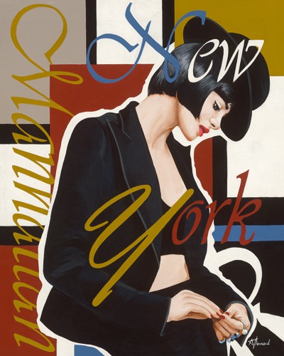Anne Bernard, Femme New York (People & Eros, Frau, modisch, modern, Hut, New York Manhattan,Grafik,  Treppenhaus, Jugendzimmer, Wohnzimmer, Wunschgröße, bunt)