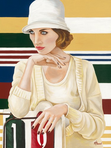 Anne Bernard, Femme XI (People & Eros, Hut, Frau, Reisen, Warten, Retro, Vintage, Grafik, New York,  Treppenhaus, Jugendzimmer, Wohnzimmer, Wunschgröße, bunt)