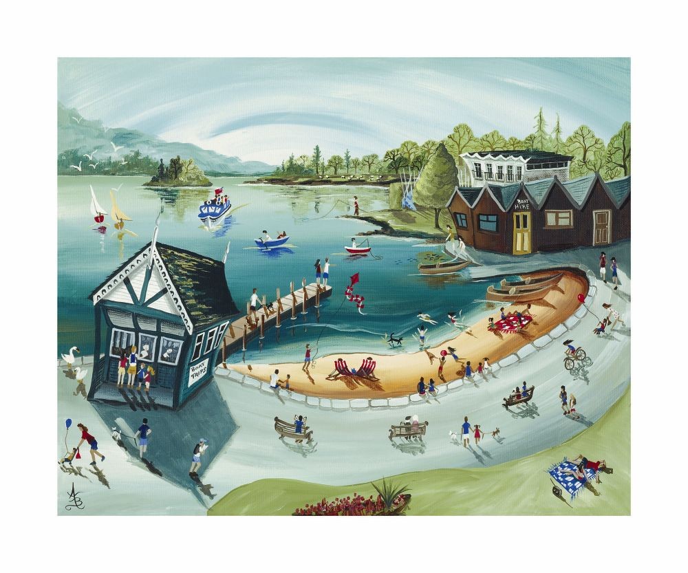 Anne Blundell, Bowness Boating (Landschaft, Modern, naive Malerei, schiefe Häuser, Boote, See, Badestrand, lustig, humorvoll, Wohnzimmer, Treppenhaus, bunt)