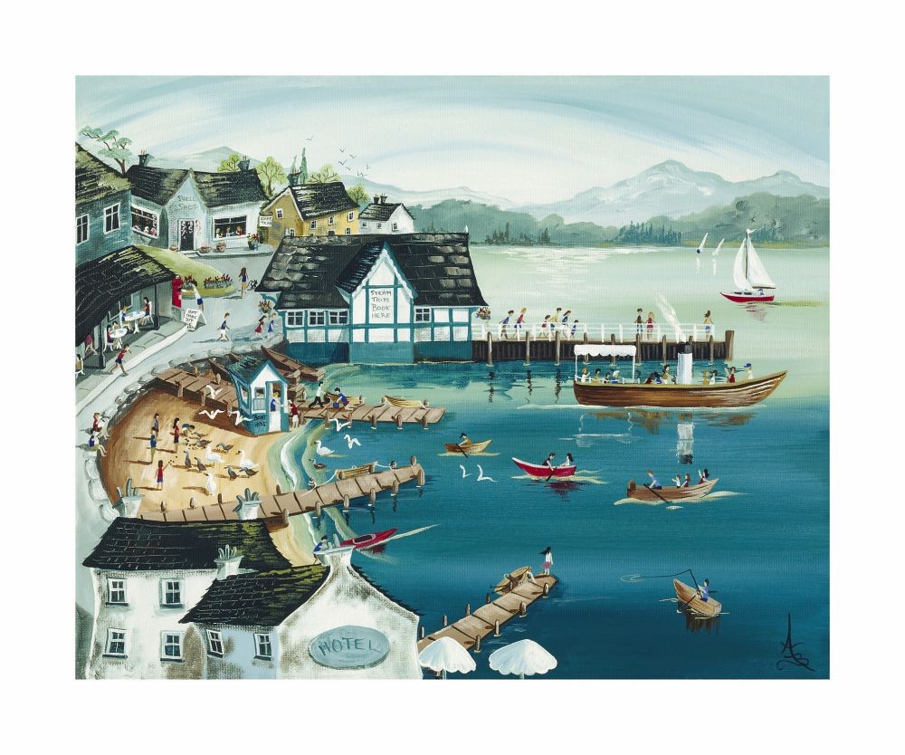 Anne Blundell, Sunny Ambleside (Landschaft, Modern, naive Malerei, schiefe Häuser, Boote, See, Hügel, lustig, humorvoll, Wohnzimmer, Treppenhaus, bunt)