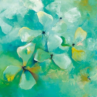 Anne L. Strunk, Floating Flowers (Blumen, Blüten, abstrahierte Blüten, Aquarell, Treppenhaus, Wohnzimmer, Wunschgröße, floral, türkis)