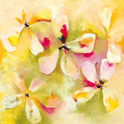 Anne L. Strunk, Springtime (Blumen, Blüten, abstrahierte Blüten, Aquarell, Treppenhaus, Wohnzimmer, floral, gelb)