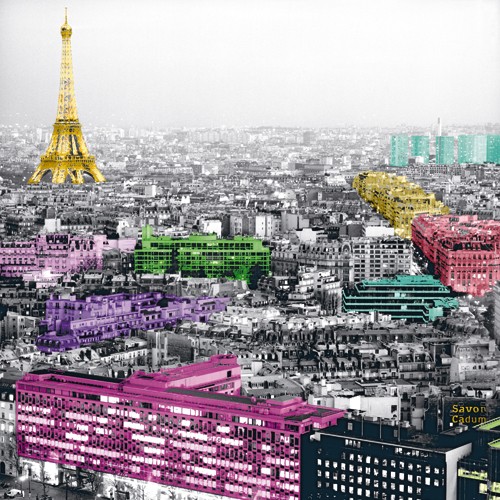 Anne Valverde, Eiffel Colours (Wunschgröße, Fotografie, Fotokunst, Modern, Städte, Eifelturm, Eifelturm gelb, bunte Häuser, Paris, Büro, Wohnzimmer, schwarz / weiß, bunt)