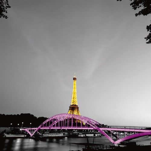 Anne Valverde, Shiny Eiffel (Wunschgröße, Fotokunst, Eiffelturm gold, Paris, pink Brücke, Fluss, Seine, Städte, Metropole, Wahrzeichen, Symbol, Nachtszene, Büro, Wohnzimmer, schwarz/weiß, bunt)